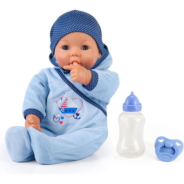 Hello Baby Boy 46 cm: Kuschelpuppe mit Geräuschen und Zubehör in Blau von Bayer Design