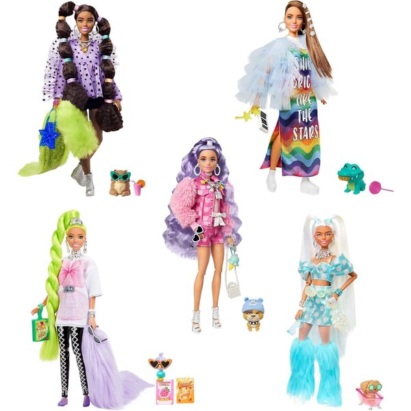 Barbie Extra-Set con 5 bambole, 70 accessori moda e 5 animali, per bambini dai 3 anni