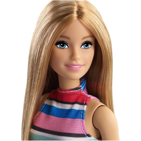 Barbie con Corpo a Righe Colorate, Gonna in Jeans e Accessori Moda per Bambini