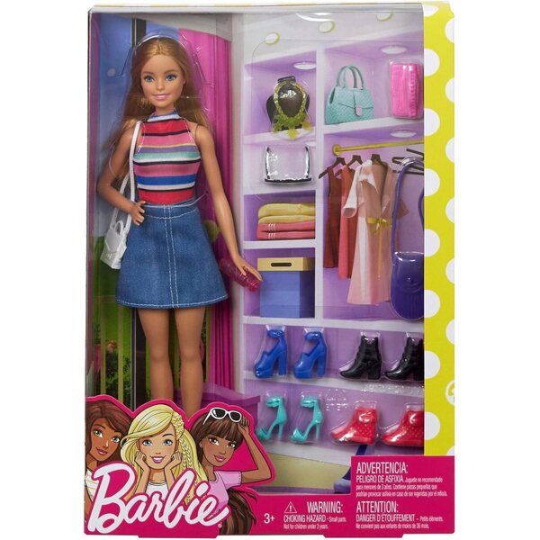 Barbie con Corpo a Righe Colorate, Gonna in Jeans e Accessori Moda per Bambini