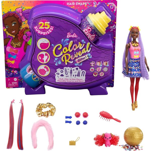Barbie Color Reveal Glitzerblau mit 25 Überraschungen – Poupée mit Accessoires und Haarveränderungen