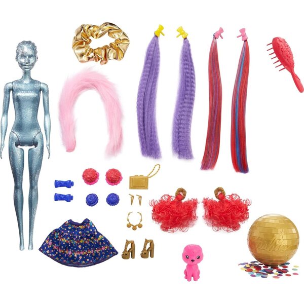 Barbie Color Reveal Glitzerblau mit 25 Überraschungen – Poupée mit Accessoires und Haarveränderungen