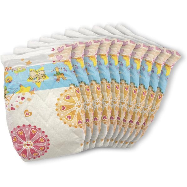 Pannolini per bambole Heless 10 pezzi con motivi colorati, chiusura in velcro, 35-50 cm