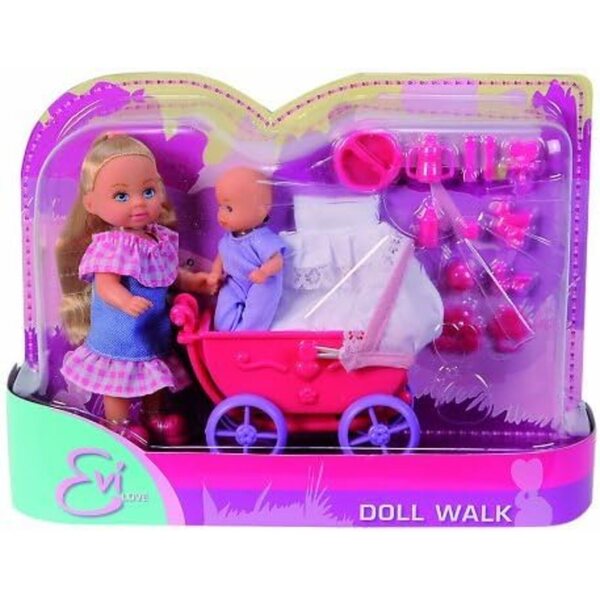 Simba Evi Love Doll Walk con Bambolewagen e Accessori, Pupo 12cm per Bambine 3+