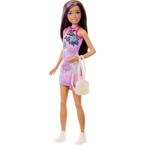 Barbie Skipper-Puppe mit buntem Kleid, Turnschuhen und Rucksack