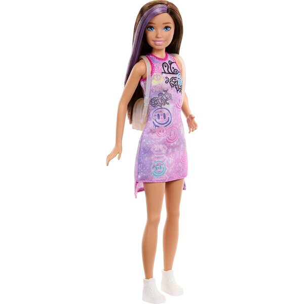 Barbie Skipper-Puppe mit buntem Kleid, Turnschuhen und Rucksack