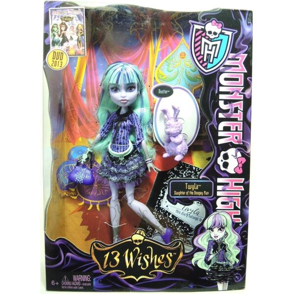 Monster High Twyla Puppe, Tochter des Boogey Man, mit Accessoires und schwarz-lila Mantel