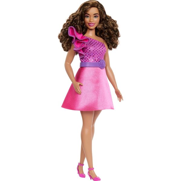 Barbie Fashionistas Puppe #225 mit kurvigem Körper, braunen Haaren und rosa Glitzerkleid