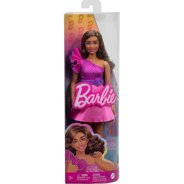 Barbie Fashionistas Puppe #225 mit kurvigem Körper, braunen Haaren und rosa Glitzerkleid