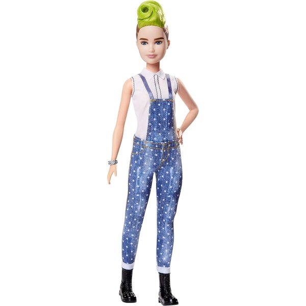 Barbie Fashionistas mit Irokesenkleid und Latzhose, Zierlich-Body und schwarzen Stiefeln
