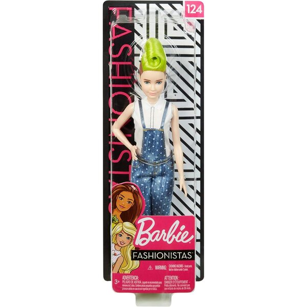 Barbie Fashionistas mit Irokesenkleid und Latzhose, Zierlich-Body und schwarzen Stiefeln