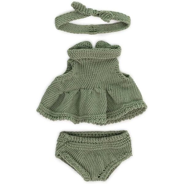 Miniland-Kleidungsset aus recyceltem Grün für 21-cm-Puppen mit Kleid und Stirnband