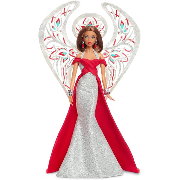 Barbie x Bob Mackie 2023 Holiday Angel Puppe silbernes und rotes Kleid