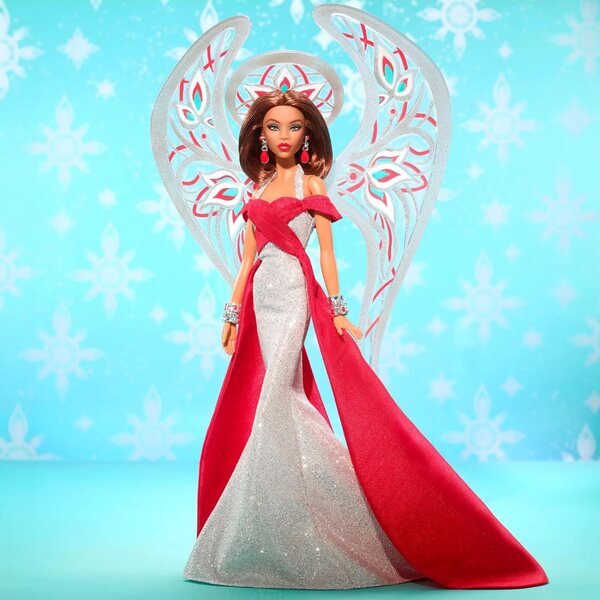Barbie x Bob Mackie 2023 Holiday Angel Puppe silbernes und rotes Kleid