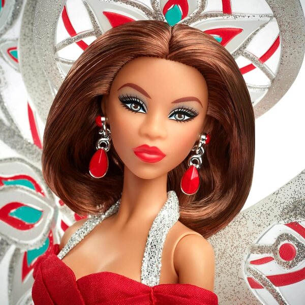 Barbie x Bob Mackie 2023 Holiday Angel Puppe silbernes und rotes Kleid