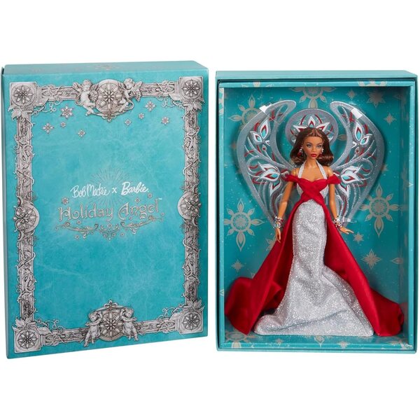 Barbie x Bob Mackie 2023 Holiday Angel Puppe silbernes und rotes Kleid