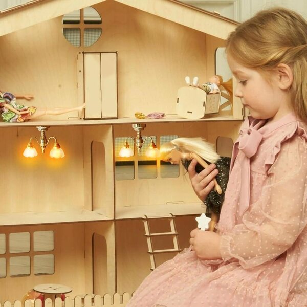 Lampadario a 3 teste per casa delle bambole 1:12 con luce a batteria in metallo e vetro