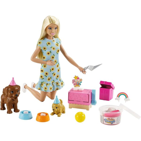 Barbie Welpenparty mit Welpen, 2 Welpen, Knete für Kuchen und Partyzubehör ab 3 Jahren