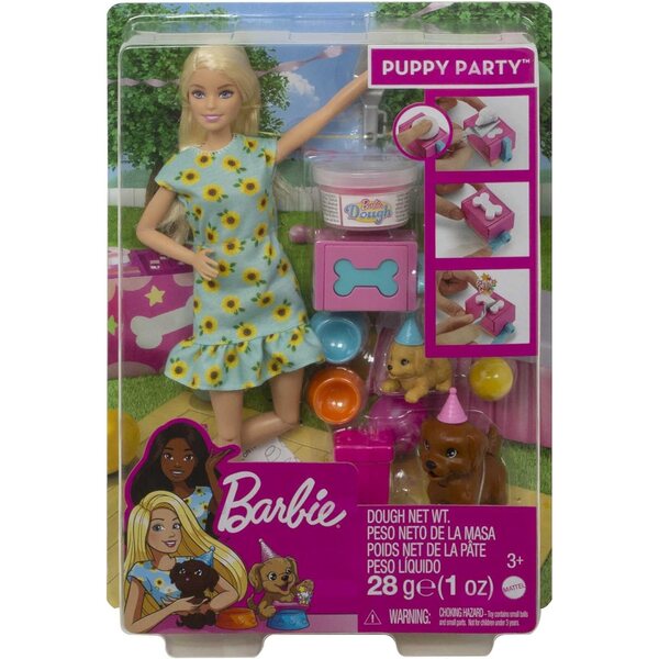 Barbie Welpenparty mit Welpen, 2 Welpen, Knete für Kuchen und Partyzubehör ab 3 Jahren