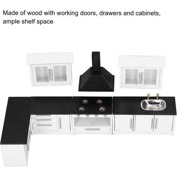 Set 7 Pezzi Mobili Miniatura Cucina 1:12 in Legno per Casa delle Bambole Moderna