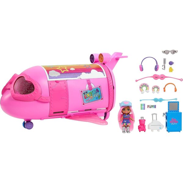 Barbie Extra Fly: Luxuriöses rosa Flugzeug mit Mini-Puppe und 15 Reisezubehörteilen