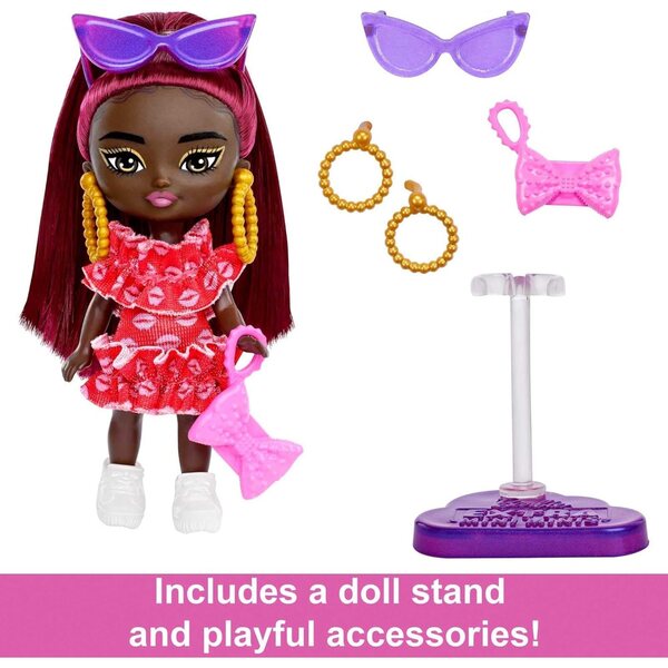 Barbie Extra Mini Minis Puppe mit Zubehör für Kinder ab 3 Jahren – rotes Outfit und rote Haare