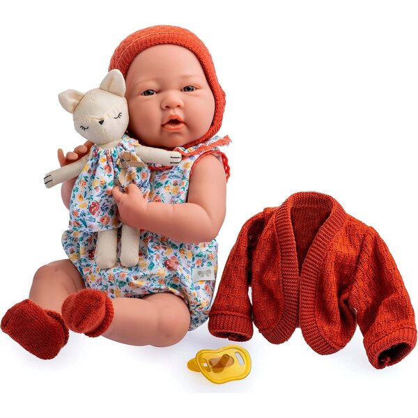 JC Toys Neugeborene Puppe 38 cm, weiches Vinyl, Natur, mit Kleidung, Schnuller und Stofftier