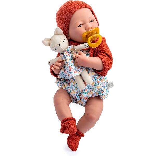 JC Toys Neugeborene Puppe 38 cm, weiches Vinyl, Natur, mit Kleidung, Schnuller und Stofftier