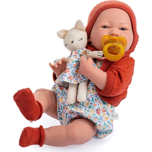 JC Toys Neugeborene Puppe 38 cm, weiches Vinyl, Natur, mit Kleidung, Schnuller und Stofftier