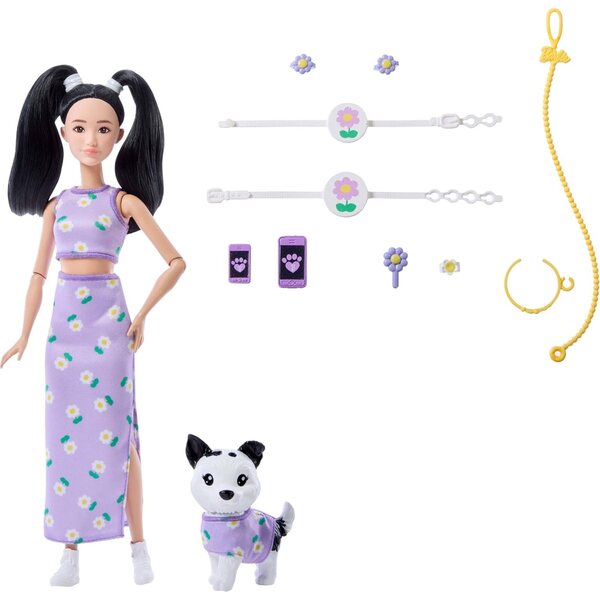 Barbie Twinning Looks mit Hund im fliederfarbenen Blumenoutfit und passenden Accessoires