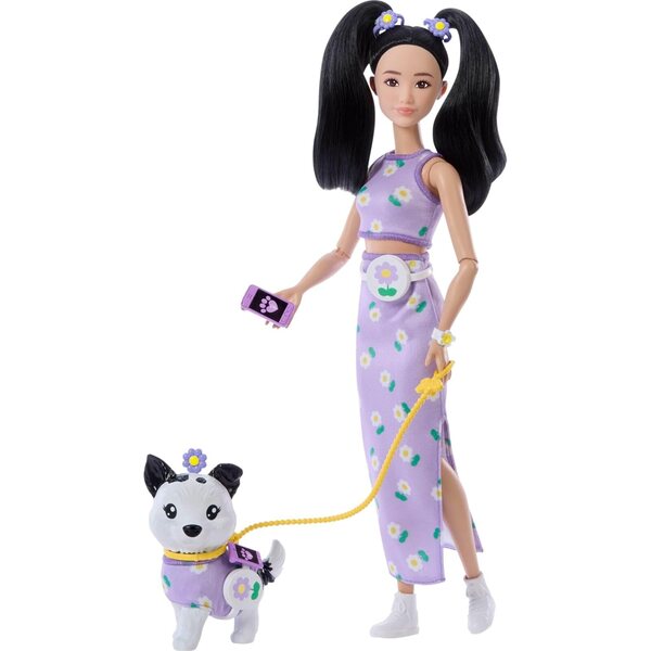 Barbie Twinning Looks mit Hund im fliederfarbenen Blumenoutfit und passenden Accessoires