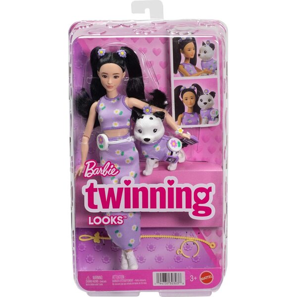 Barbie Twinning Looks mit Hund im fliederfarbenen Blumenoutfit und passenden Accessoires