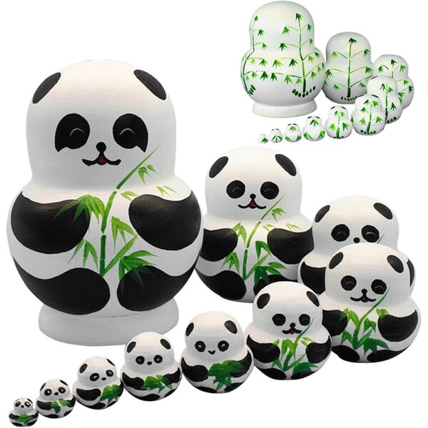 Set mit 10 Panda-Matroschka-Puppen aus Holz mit Bambusmotiven – russische Puppen für Kinder