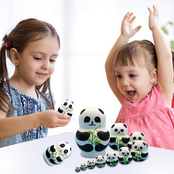 Set 10 Matrioske in legno Panda con motivi bambù - bambole russe per bambini