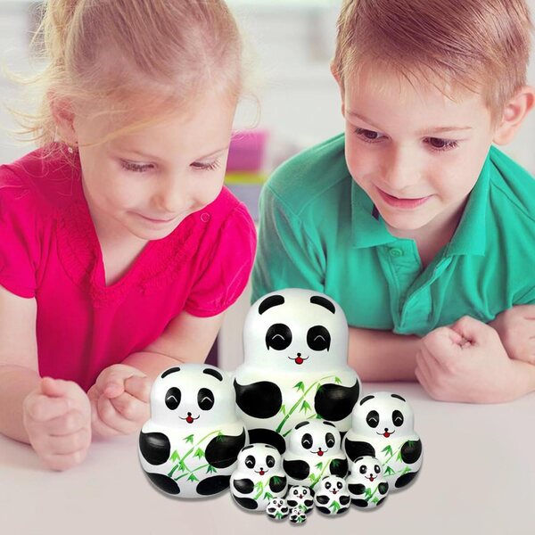 Set 10 Matrioske in legno Panda con motivi bambù - bambole russe per bambini