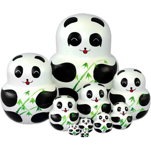 Set 10 Matrioske in legno Panda con motivi bambù - bambole russe per bambini