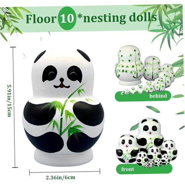 Set 10 Matrioske in legno Panda con motivi bambù - bambole russe per bambini