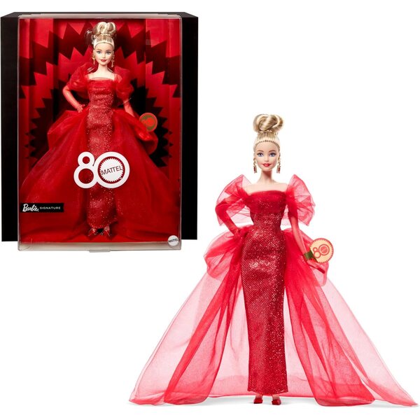 Barbie Signature 80th Anniversary Mattel in einem eleganten, funkelnden roten Sammlerkleid