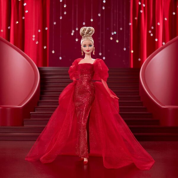 Barbie Signature 80th Anniversary Mattel in einem eleganten, funkelnden roten Sammlerkleid