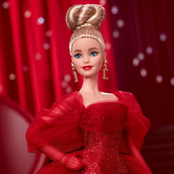 Barbie Signature 80th Anniversary Mattel in einem eleganten, funkelnden roten Sammlerkleid