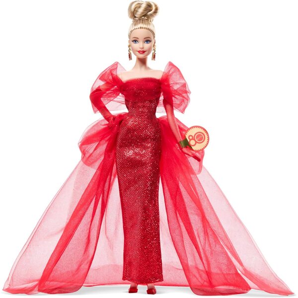Barbie Signature 80th Anniversary Mattel in einem eleganten, funkelnden roten Sammlerkleid