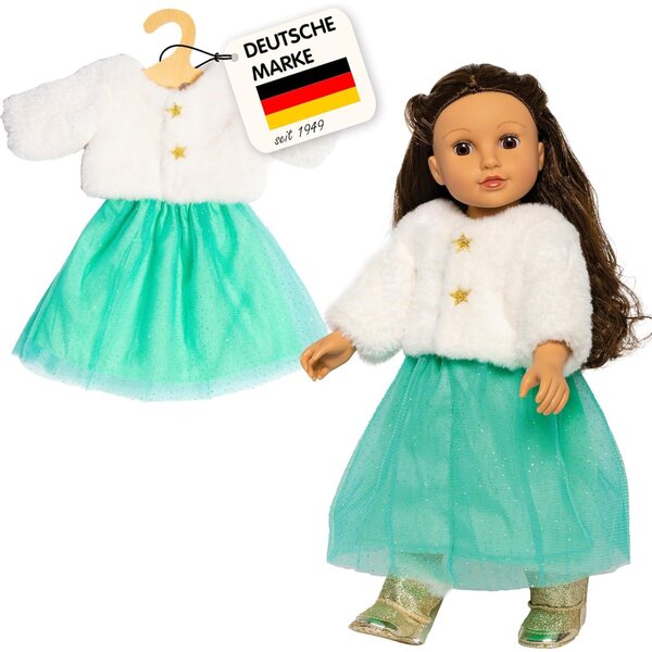 Heless Bambolekleid Yuki weiß und türkis mit Glitzertülljacke und Rock 28-35 cm