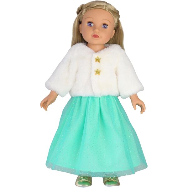 Heless Bambolekleid Yuki weiß und türkis mit Glitzertülljacke und Rock 28-35 cm
