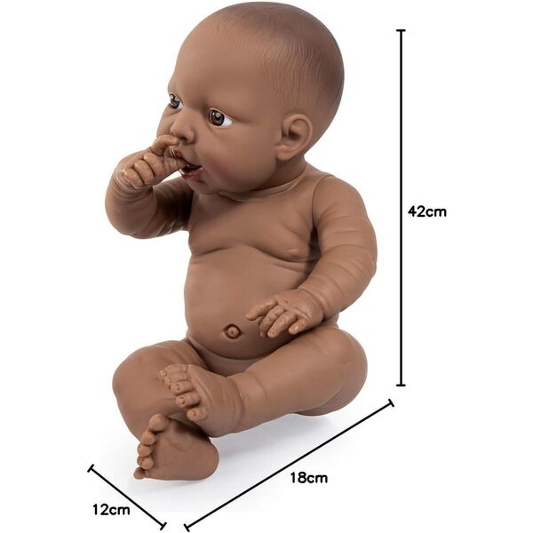 Bayer Design Neugeborene weibliche Puppe, 42 cm, realistisch und waschbar, dunkle Haut