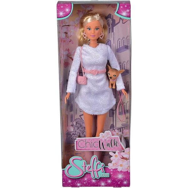 Steffi Love Chic Walk 29cm mit Glitzerkleid, Accessoires und kleinem Hund für Mädchen