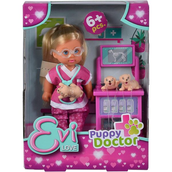 Evi Love Puppy Doctor: Gioco Pupazzo Veterinaria con 3 Cuccioli e Tavolo Visita 12cm
