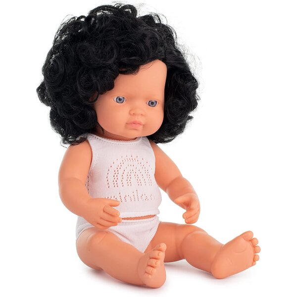 38 cm große Miniland-Puppe aus weichem Vinyl mit schwarzen Locken und Geschenkbox