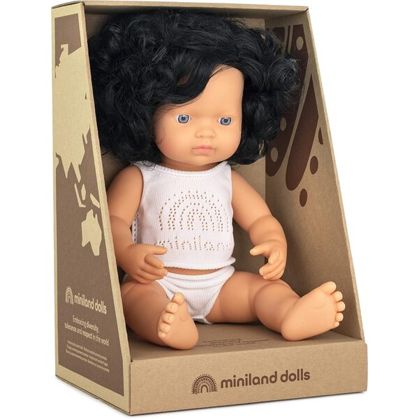 38 cm große Miniland-Puppe aus weichem Vinyl mit schwarzen Locken und Geschenkbox