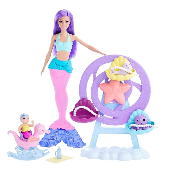 Set mit 2 Barbie Dreamtopia Kleine Meerjungfrau-Puppen mit lila Haaren und rosa Schwanz, ab 3 Jahren