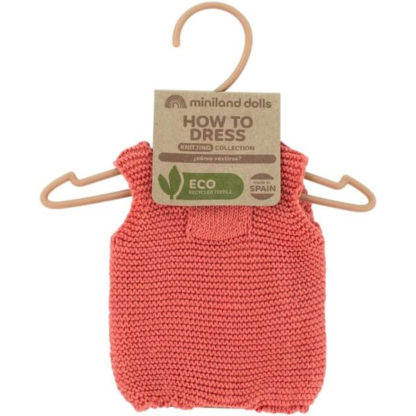 Miniland recyceltes Strickset für 32-cm-Puppen – Korallenroter Strampler und Mütze